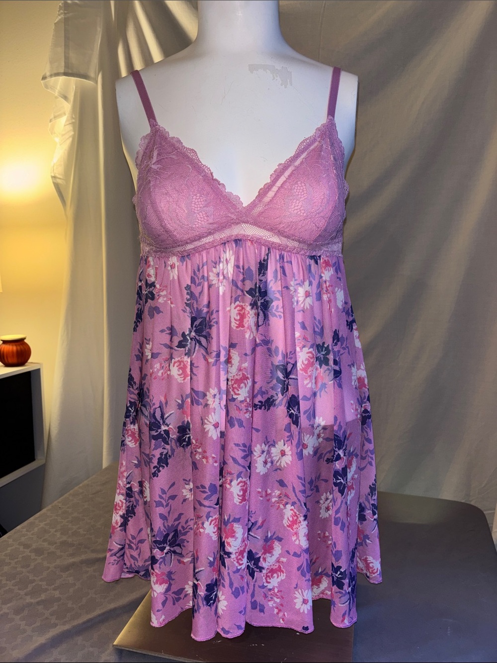 Women's Pink Floral Sheer Lace Babydoll Nightdress